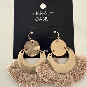 Oasis Brushed Gold Discs with Beige Tassel Fan Earrings